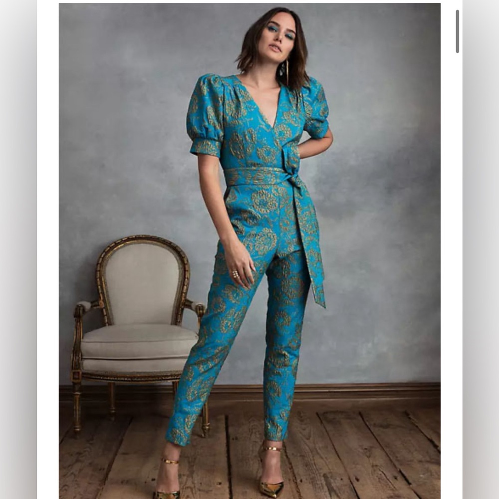 NWT Happy Nature Puff Sleeve Surplice V-Neck Belted Jumpsuit Blue Women's Size 8